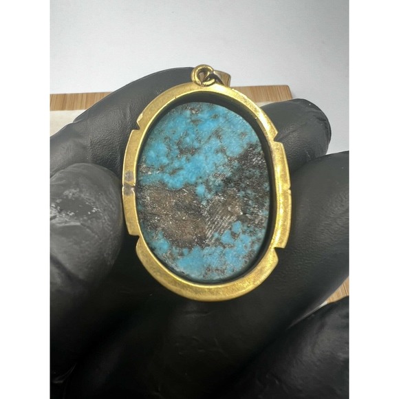 Natural Turquoise Pendant Metal Brass Handmade With Rope - Picture 4 of 11